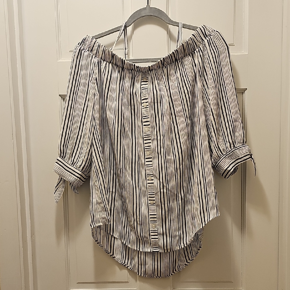 BCX Off-Shoulder Black and White Striped Blouse